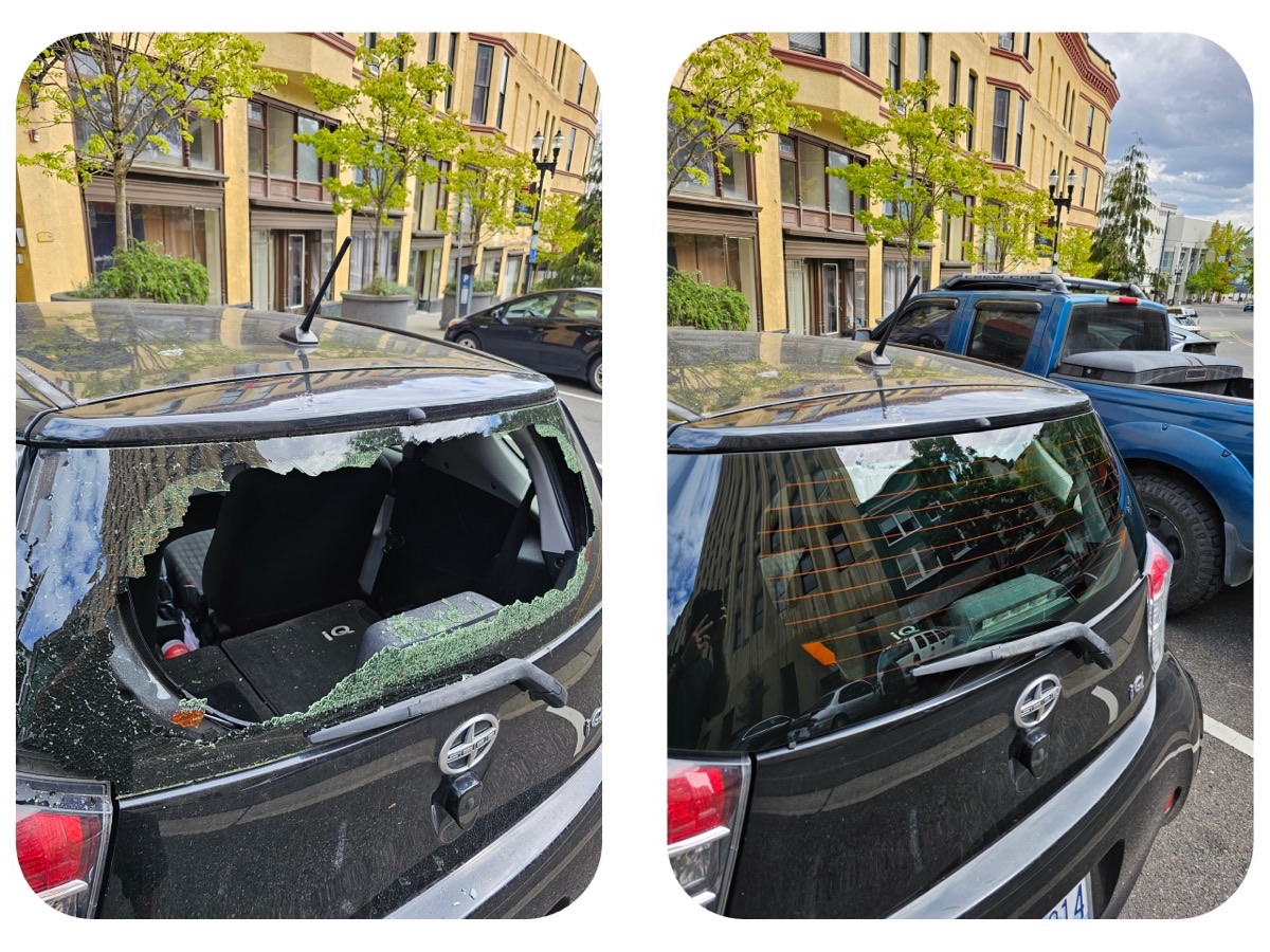 Before and after: Rear window replaced on a hatchback downtown