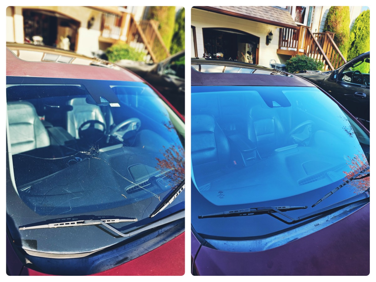 Before and after: Cracked windshield replaced in the driveway, sedan