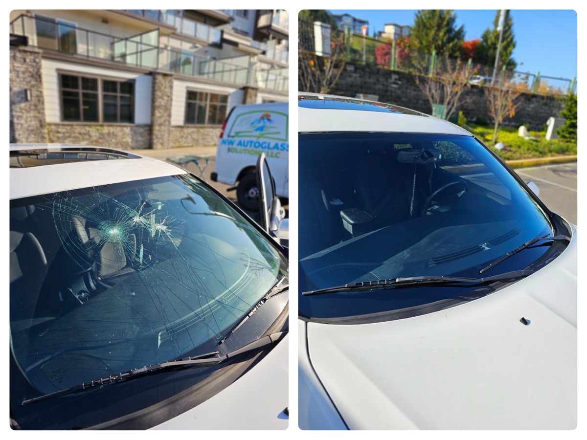 Shattered windshield before and new windshield after a mobile replacement by NW Autoglass Solutions