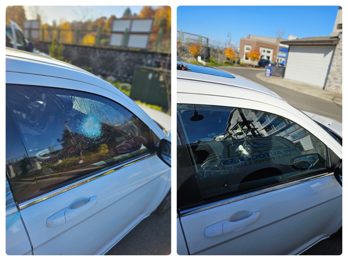 Before and after: Broken front door glass replaced on an SUV
