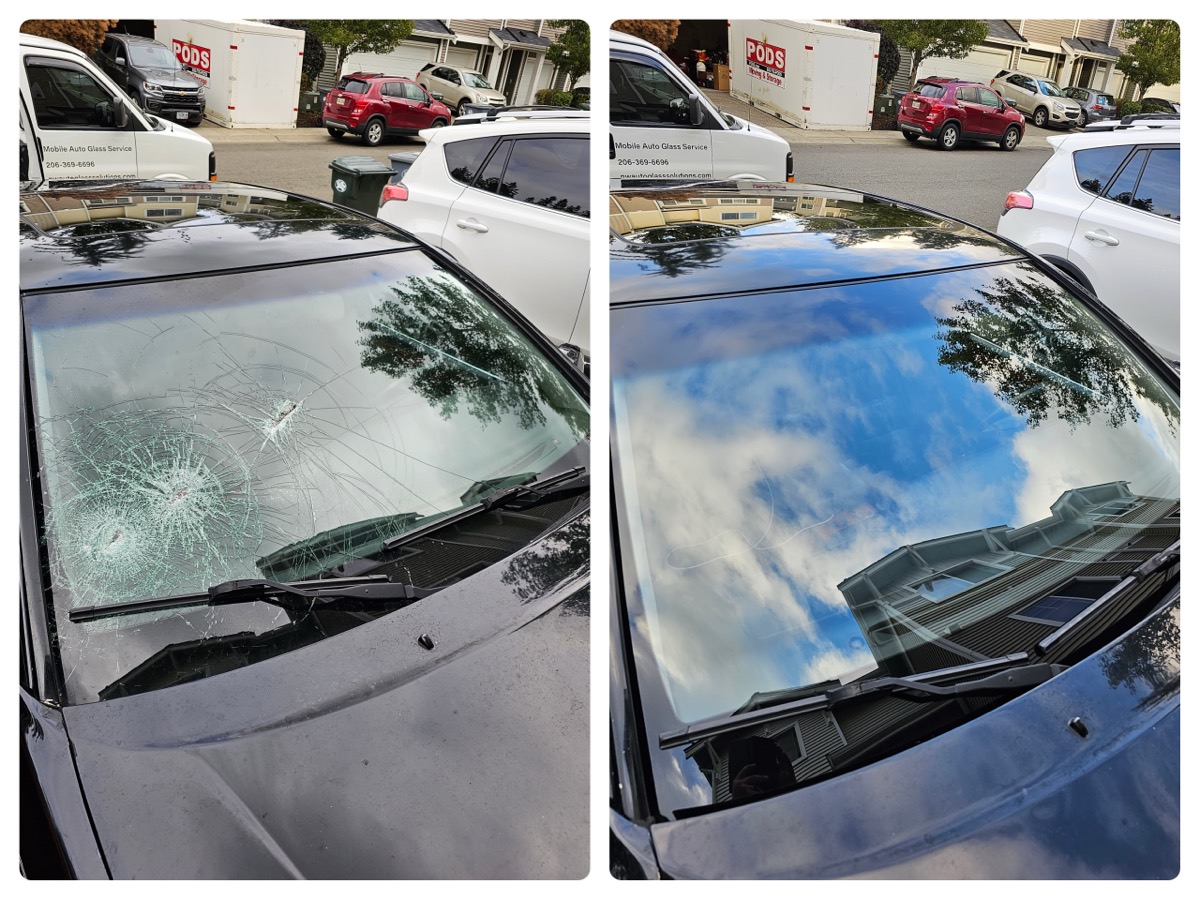 Before and after: Impact-shattered windshield replaced at a townhome