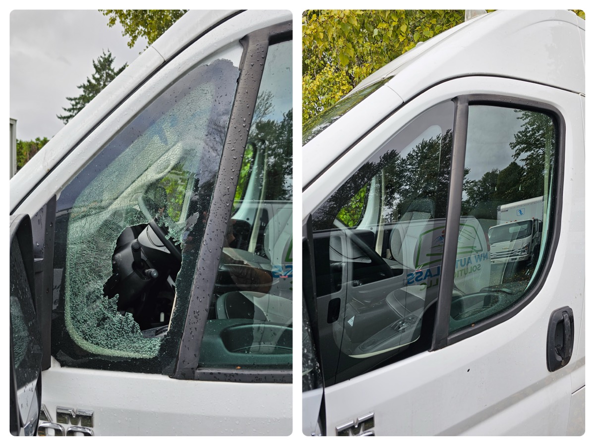 Before and after: Cargo van door glass after a break-in, replaced on site